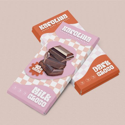 Branding project called Karolina Chocolate, bringing healthy chocolate with a fun and freindly appearance! Showing a mockup of the packaging design that each chocolate will be in. Enhancing light pinks, red oranges, and pure whites. In a retro and checkered look. Chocolate Bar Packaging Ideas, Chocolate Bars Packaging, Packaging Design Chocolate, Vintage Chocolate Packaging, Chocolate Bar Branding, Chocolate Bar Packaging Design, Art Deco Chocolate Packaging, Chocolate Bar Packaging, Illustrated Chocolate Packaging