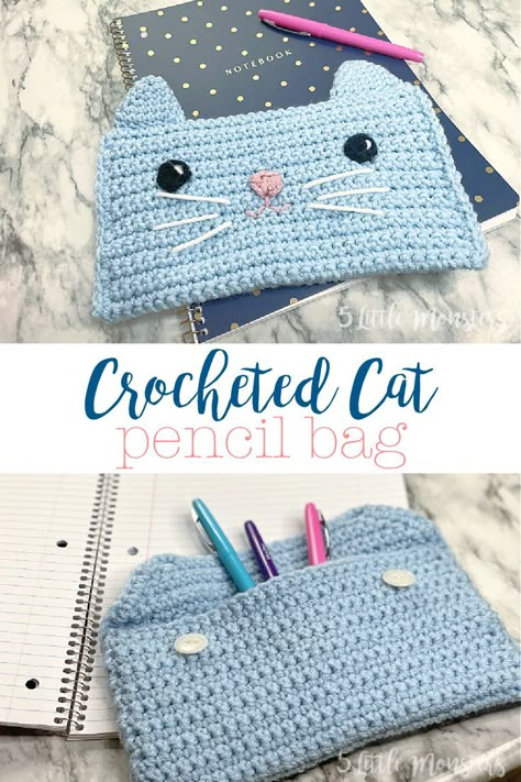 Crochet a cute cat pencil bag just in time for kids to head back to school. Made with the 5 Little Monsters basic crocheted pencil bag pattern with embellishments added, ears, eyes, a nose, and whiskers, to turn it into a cat. Pencil Bag Pattern, Cute Crochet Ideas, Crochet Pencil Case, Pencil Case Pattern, Cat Pencil Case, Crocheted Cat, Crochet Case, Crochet Pouch, Crochet Handbags Patterns