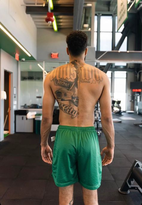 Jalen Noble Tattoo, Back Tattoos For Black Guys, Jayson Tatum Back Tattoo, Tj Dillashaw Tattoo, Basketball Players Tattoos, Jason Tatum Tattoo, Athlete Tattoos Men, Nba Tattoos For Men, Back Tats Men