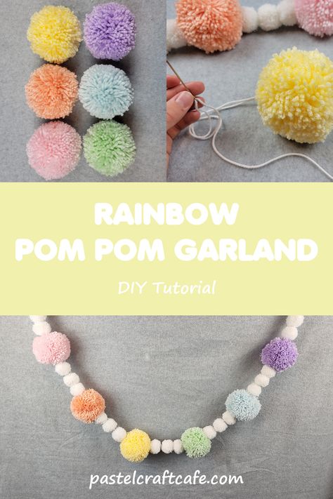 Pom Pom Garland Diy, Pom Garland Diy, Festival Tree, Rainbow Pom Pom Garland, Clover Pom Pom Maker, Rainbow Pom Pom, Craft Cafe, Pom Crafts, Garland Diy