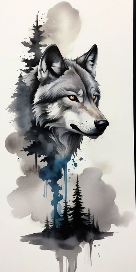 Wolf Illustration Drawing, Wolf Forest Tattoo Design, Wolf Forest Tattoo, Forest Tattoo Design, Cute Couple Tattoo Ideas, Cute Couple Tattoo, Matching Tattoos For Couples, Wolf Tattoo Ideas, Wolf Forest