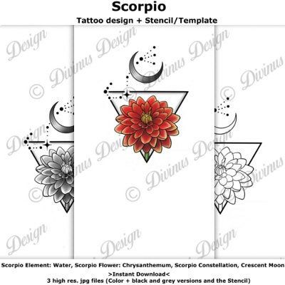 Scorpio Horoscope Flower Tattoo | Tattoo Design and Tattoo Stencil/Template | Instant Digital Download  #scorpiotattoo #horoscopetattoo #zodiactattoo #napetattoo #womentattoo #wristtattoo #chrysanthemumtattoo #flowertattoo #scorpioconstellation #waterelementtattoo Scorpio Element Tattoo, Scorpio Flower Tattoo, Scorpio Flower, Scorpio Sign Tattoos, Scorpion Horoscope, Scorpio Zodiac Tattoos, Constellation Scorpio, Candy Tattoo, Random Tattoos