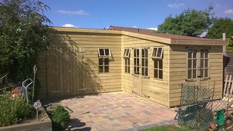 From Eazysheds L Shaped Shed, Contemporary Sheds, Log Cabin Sheds, Garden Room Ideas, Summer House Garden, Cheap Sheds, Garden Workshops, House Shed, Timber Buildings