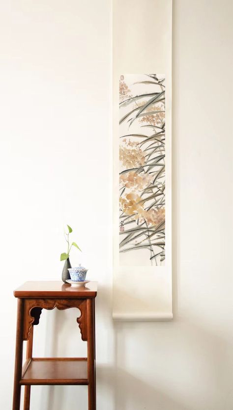 "Original Reeds Plant Scroll Painting LIMITED EDITION FINE ART PRINT reproduction of an original painting.  ❤This print is printed on rice paper which is closest to the original painting. Options:  \"Mounted in Scroll\" (Highly Recommended) The painting(print) will be mounted in a scroll made by silk with a narrow light brown border. The scroll contains a piece of wood on the bottom to make sure the scroll is flat and smooth when you hang it on the wall. And the scroll will be shipped in a hard Scroll Painting, Long Art, Japanese Scroll Art, Japanese Wall Scroll, Japanese Wall Art Canvas, Japanese Art Prints Horizontal, Scroll Wall Art, Japanese Canvas Wall Art, Asian Wall Art