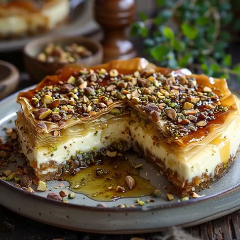 Honey Pistachio Baklava Cheesecake Recipe Honey Pistachio Baklava Cheesecake, Coffee Hour Ideas, Baklava Cheesecake Recipe, Brunch Platter, Fruit Gelatin, Honey Pistachio, Baklava Cheesecake, Pistachio Baklava, Rich Cheesecake