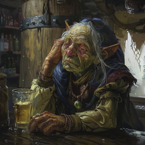 an old goblin woman named Pearl who runs a tavern in a DND world. She's mysterious and cranky Goblin Market, Ogre Character Design, Goblin Pirate Dnd, Goblin Pirate Art, Goblins Dnd 5e, Old Goblin Dnd, Goblin Names, Old Tavern, Goblin Royalty