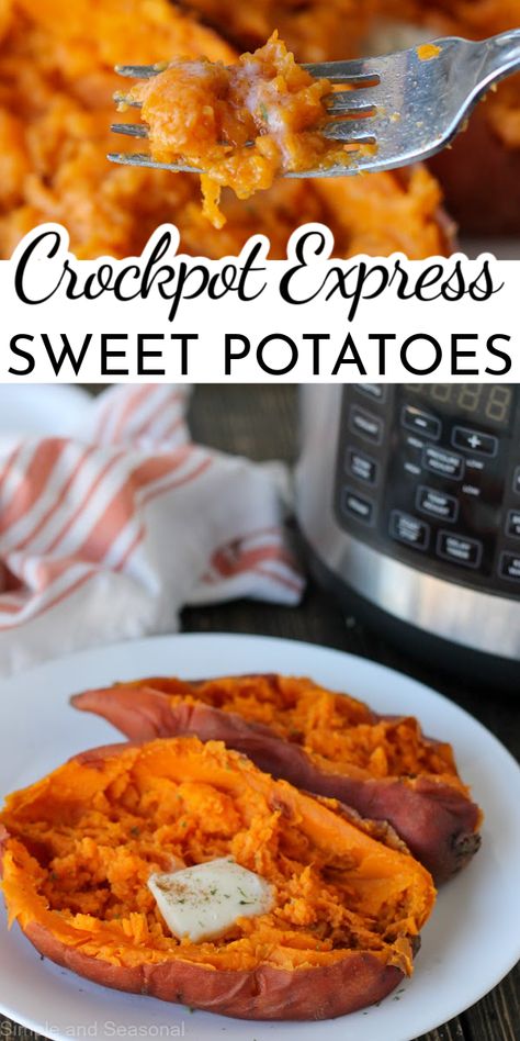 Crockpot Express Sweet Potatoes are creamy and cooked to perfection in minutes! It's the most convenient way to prepare sweet potatoes. via @nmburk Cook Potatoes In Instant Pot, Potatoes In Instant Pot, Instant Pot Sweet Potatoes, Cook Potatoes, Steamed Sweet Potato, Yummy Sweet Potatoes, Cooking Sweet Potatoes, Easy Instant Pot Recipes, Instant Pot Dinner Recipes