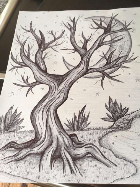 Cool Tree Drawings, Aesthetic Tree Drawing, Beautiful Tree Drawing Easy, Detailed Tree Drawing, Poison Tree Drawing, Leafless Tree Drawing, Twisted Tree Drawing, How To Draw A Spooky Tree, Roots Of A Tree Drawing