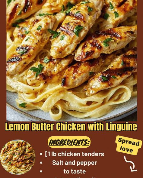 Lemon Butter Chicken with Linguine Lemon Butter Chicken Pasta, Chicken Linguine, Creamy Crockpot Chicken, Linguine Recipes, Lemon Butter Chicken, Italian Sausage Pasta, Creamy Garlic Chicken, Lemon Twist, Pasta Soup