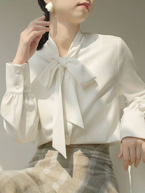 Solid Color Tie Neck Blouse, Women's Casual Long Sleeve Work Office Women's Clothing Blouse,chic, Breathable,sun/uv Protection,temu Neat Casual Outfits, Office Blouse, Chiffon Shirt Blouse, Tie Women, Modest Dresses Casual, Blouse Casual, Tie Neck Blouse, Bow Blouse, Womens Tie