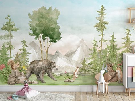 Wallpaper Childrens Room, Watercolor Mural, Kindergarten Wallpaper, Woodland Wallpaper, Murals For Kids, 4 Wallpaper, Kids Watercolor, Jungle Wallpaper, Beautiful Nursery