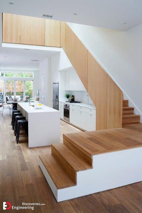 Kitchen Under Stairs, Stair Layout, Space Under Stairs, تحت الدرج, Stairs In Kitchen, Unique Kitchen Design, Kitchen Lighting Design, Contemporary Staircase, Space Saving Kitchen