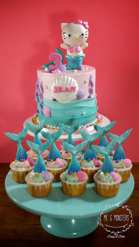 Merkitty Birthday Party, Mercat Cake Ideas, Kitty Mermaid Cake, Cat Mermaid Birthday, Hello Kitty Mermaid Party, Kitty Mermaid Party, Hello Kitty Mermaid Cake, Purrmaid Cake, Mermaid Cat Birthday Party