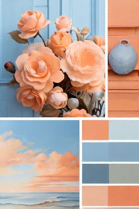 White Peach Color Palette, Sky Blue Complimentary Colors, Peach Colour Scheme, Blue Peach Bedroom, Colours That Go With Peach, Peach And Blue Interior, Peach And Sky Blue Wedding, Peach And Aqua Color Palette, Peach And Blue Palette