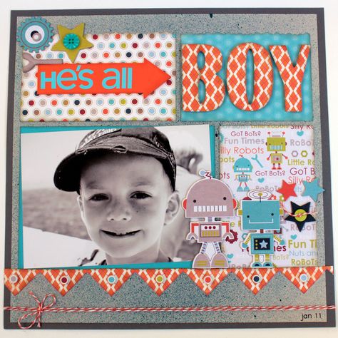 Scrapbook page - like the colors - HE'S ALL BOY - Scrapbook.com Boy Scrapbook Layouts, Baby Scrapbook Pages, Scrapbooking Layouts Baby, Baby Layouts, Scrapbook Boys, Baby Boy Scrapbook, Kids Pages, Scrapbook Layout Sketches, Kids Scrapbook