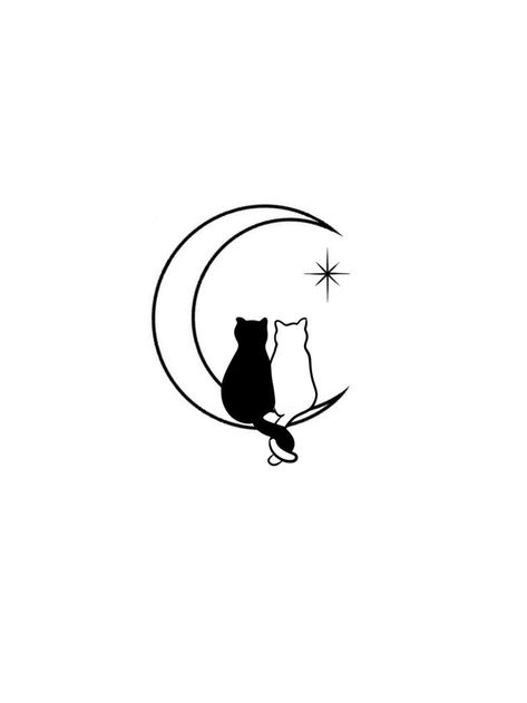 Cat On A Moon Drawing, Cats On Moon Tattoo, Black Cat And White Cat Tattoo, Black Cat On Moon Tattoo, Cat Planet Tattoo, Black Cat Moon Tattoo, Cat Ying Yang Tattoo, Cat On Moon Tattoo, Cat Inspired Tattoos