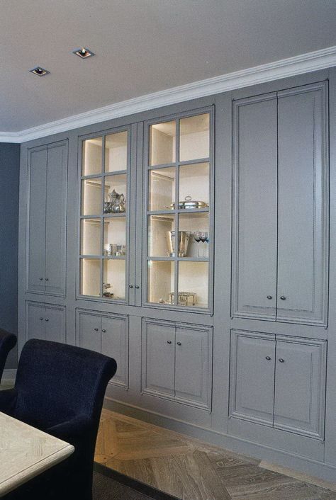 Amy Howard:   This color gray is divine with this reclaimed floor. I can never have enough storage space, especially for linens. Dining Room Built Ins, Home Kitchen Design, Dining Room Built In, Built In China Cabinet, Kitchen Wall Units, Built In Buffet, Dining Room Cabinet, Amy Howard, Dining Room Hutch