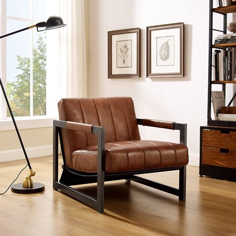 West Elm Dupe, Mid Century Modern Arm Chair with Black Metal Frame, Single Sofa Chair for Living Room Bedroom, Cognac #ad Mid Century Modern Arm Chair, Modern Arm Chair, Chair Mid Century, Mid Century Modern Armchair, Chair For Living Room, Leather Accent Chair, Single Sofa Chair, Modern Accent Chair, Accent Arm Chairs