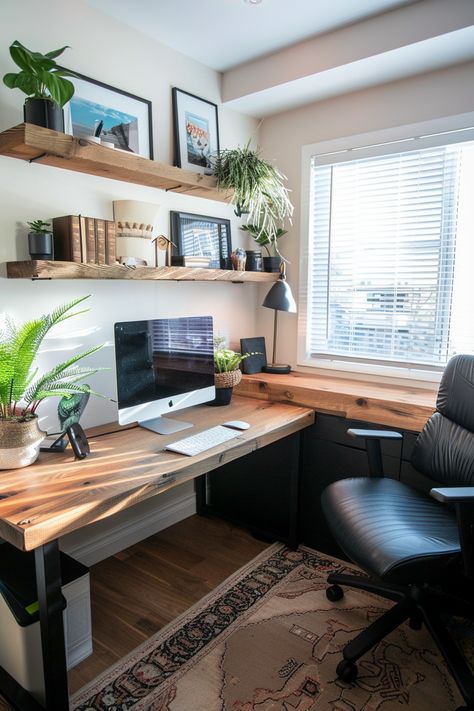 Small Office Ideas Two Desks, Dark Wood Office Aesthetic, Mens Work From Home Office, Small Workroom Ideas, Home Office Design Ideas For Two, Back To Back Desks Home Office, Office Decor White Walls, Office With White Walls, Home Office Design Corner Desk