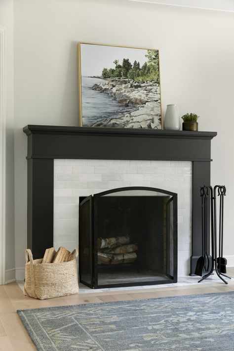 Timeless Whole House Renovation | Jkath Design Build + Reinvent Matte Black Fireplace Mantles, Black Fireplace With Tile Surround, Black And White Tile Fireplace Surround, Black Fireplace White Walls, Black White Fireplace, Jkath Design, Slate Fireplace Surround, Black Fireplace Surround, Benjamin Moore Wrought Iron