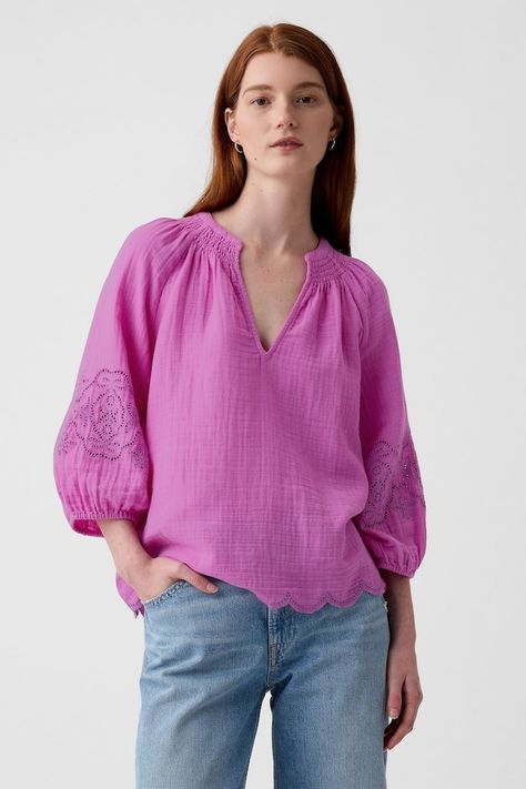 NEXT Pink Gap Eyelet Puff Sleeve Shirt Eyelet Shirt, Puff Sleeve Shirt, Eyelet Top, Chunky Knitwear, Newborn Dresses, Wide Fit Boots, Sweaters And Jeans, Scalloped Hem, Long Sleeve Pyjamas