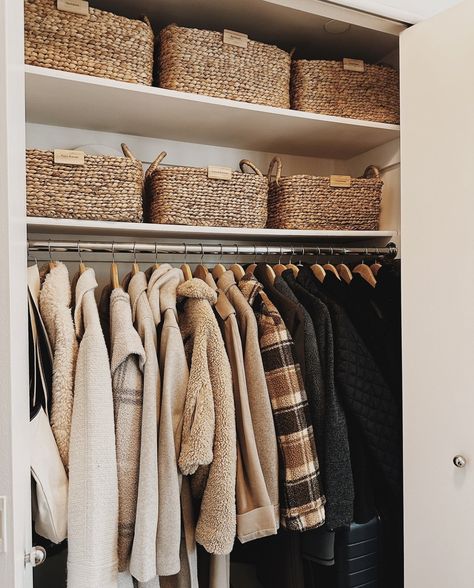 NYC coat closet before & after 🤍 Organized Coat Closet, Entry Coat Closet Makeover, Closet Purse Organization, Front Hall Closet Organization, Small Coat Closet Organization, Coat And Shoe Closet, Front Closet Organization, Coat Closet Organization Front Entry, Entryway Closet Organization