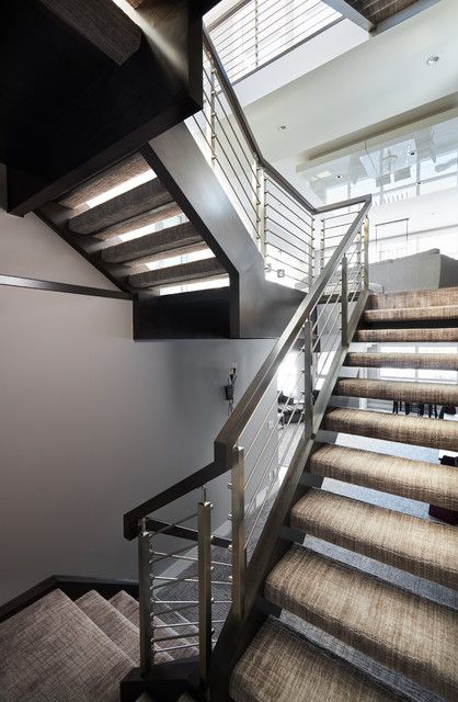 Self supported open rise stair with carpeted treads - Modern - Staircase - Edmonton - by Specialized Stair and Rail | Houzz Floating Staircase Ideas, Horizontal Railing, Carpet Treads, Open Stairs, Stair Rail, Stainless Steel Railing, Staircase Ideas, Steel Stairs, Staircase Remodel