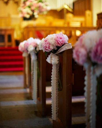 Ceremony Decorations    Each pew at the church was decorated with a bouquet of white and pink peonies tied with a sweet ribbon Church Wedding Decorations Aisle, Church Aisle Decorations, Pew Flowers, Wedding Church Decor, Pew Decorations, Wedding Pews, Pew Ends, Wedding Isles, Church Wedding Decorations