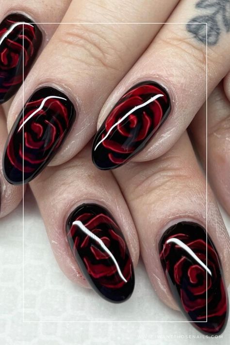 gothic rose nails designs Red Black Nails, Rose Nail Design, Gothic Nail Art, Vampire Nails, Halloween Nail Ideas, Rose Nail Art, Gothic Nails, Goth Nails, Red Nail Designs