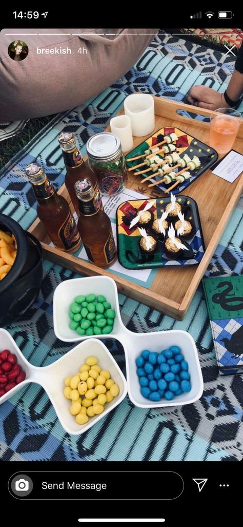 Harry Potter Picnic Ideas, Harry Potter Movie Night Ideas, Harry Potter Date Night Ideas, Harry Potter Picnic, Harry Potter Date Night, Harry Potter Anniversary, Harry Potter Sleepover, Cottage Core Picnic, Harry Potter Movie Night