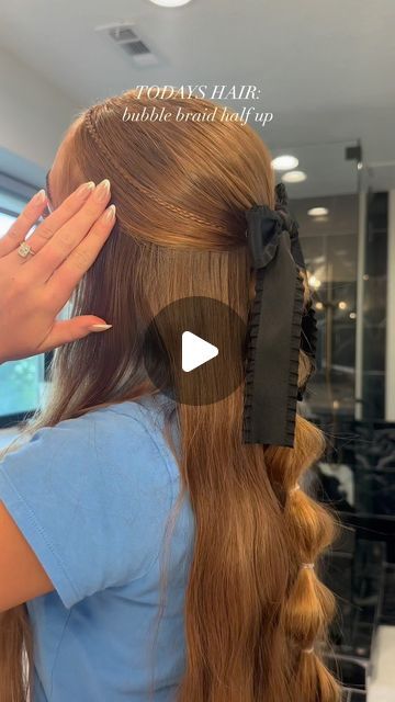 April Nelson Sanders on Instagram: "THIS HAIRSTYLE IS A 10/10   fun little half up 🥰   clip is @kaxi.co  everything else is linked in my amazon storefront under “hair”  tag me if you do this!   #hair #hairstyles #diyhairstyle #hairtutorial #domthairwithme #halfuphair #halfuphairstyle #bubblebraid #halfupbubblebraid" How To Make A Bow In Your Hair, Hair Styles Half Up Half Down Easy, Hair Ideas With Bows, Half Down Bubble Braids, Straight Hair With Braids, Half Up Clip, One French Braid, Half Up Half Down Hair Easy, Hairstyles With A Bow