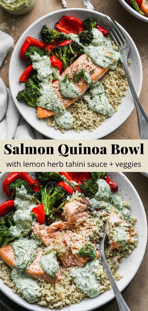 Pinterest graphic for a salmon quinoa bowl recipe with lemon herb tahini sauce and veggies. Salmon Quinoa Bowl, Salmon Quinoa, Healthy Bowls Recipes, Healthy Salmon, Quinoa Healthy, Salmon Dinner, Quinoa Bowl, Healthy Bowls, Tahini Dressing