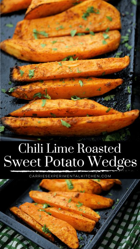 Fresh sweet potatoes cut into wedges, tossed in a chili lime oil; then roasted until crispy on the outside and tender on the inside.  #sweetpotatoes #sidedish #glutenfree #dairyfree Lime Sweet Potato, Roasted Sweet Potato Wedges, Potato Side Dishes Easy, Mexican Sweet Potatoes, Gluten Free Recipes Side Dishes, Bbq Roast, Gluten Free Sides Dishes, Roasted Sweet Potato, Sweet Potato Wedges