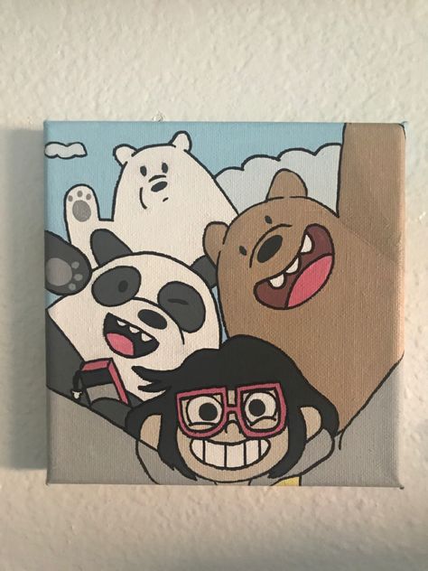 Mini Canvas Art Easy Cute Cartoon, We Bare Bears Painting Canvas, We Bare Bears Painting, Small Canvas Art Cartoon, Cartoon Mini Canvas, Acrylic Painting Buildings, We Bare Bears Mini Canvas Painting, Small Painting Ideas Mini Canvas Cartoon, We Bare Bears Acrylic Painting