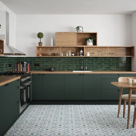 Green Tile Kitchen, Emerald Green Tile, Green Floor Tiles, Emerald Green Kitchen, Brick Style Tiles, Green Kitchen Walls, Green Floor, Ocean Green, Tile Kitchen