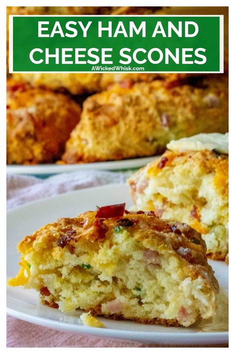 Ham and Cheese Scones are the perfect savory scones you have been looking for! Made with tons of cheddar cheese, crispy bacon, tender ham and chopped chives, these Ham and Cheese Scones are the perfect easy brunch idea any day of the week. | A Wicked Whisk #hamandcheesescones #cheesescones #hamandcheesesconesrecipe #hamandcheesesconescheddarbiscuits #easyhamandcheesescones #savoryscones #savorysconesbreakfast #savorysconescheddar #savorysconesbrunch #savorysconeshamandcheese Brunch Ideas Savory, Ham And Cheese Scones, Brunch Savory, Brunch Scones, Perfect Scones Recipe, Breakfast Scones, Scones Recipe Easy, Easy Ham, Scones Easy