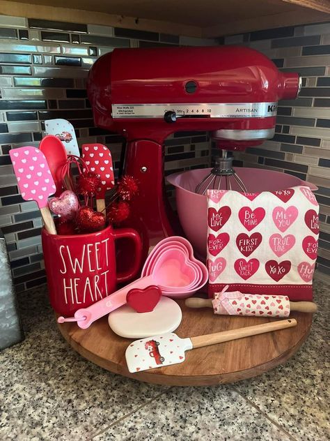 Kitchenaid Decor Ideas, Valentines Decor Kitchen, Rae Dunn Valentines Display, Stand Mixer Decor, Valentines Entryway Decor, Kitchenaid Mixer On Counter, Kitchenaid Mixer Decor Ideas, Mixer On Counter Decor, Mixer Decor