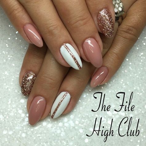 NudeWhite and Rose Gold Nails thefilehighclub White And Rose Gold Glitter Nails, Nails With Rose Gold Dress, Rose Gold And White Nails Design, Nails To Match Rose Gold Dress, Pink And Gold Nail Designs Classy, Rose Gold Wedding Nails For Bride, Rose Gold New Years Nails, Rose Gold Winter Nails, Rose Gold Nails Wedding