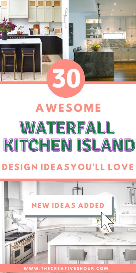 Redefine your kitchen's heart with waterfall kitchen island concepts that elevate your culinary experience. Seamlessly integrate seating or extend into a dining table, fostering both connection and convenience. Choose from striking black, warm wood, or luxurious marble cascading down the sides, embodying style and practicality. Embrace modern simplicity with a one-sided design or streamline your workflow with an island featuring a stove or sink. Sink Drawing, Images Of Kitchen Islands, Waterfall Island Kitchen, Waterfall Island, Green Backsplash, Sink In Island, Light Wood Kitchens, Grey Backsplash, Light Wood Floors