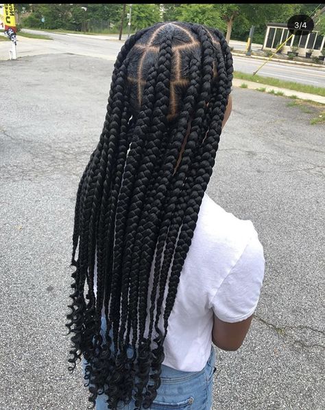 Big Block Braids Hairstyles, Large Vs Jumbo Knotless Braids, Jumbo Braids With Curls At The End, Big Box Braids Jumbo With Curly Ends, Medium Jumbo Box Braids With Curly Ends, Big Notlessbox Braids Styles Long, Large Island Twist With Curls, Kids Large Knotless Braids, Big Box Braids Jumbo