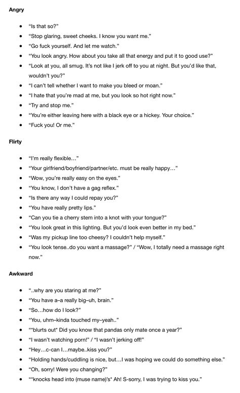 How To Write Flirty Characters, Writing Prompts Tension, Flustered Prompts, Argument Starters Writing, Reverse Harem Writing Prompts, How To Write Tension, How To Write Characters Flirting, Writing Flirting, How To Write Flashbacks