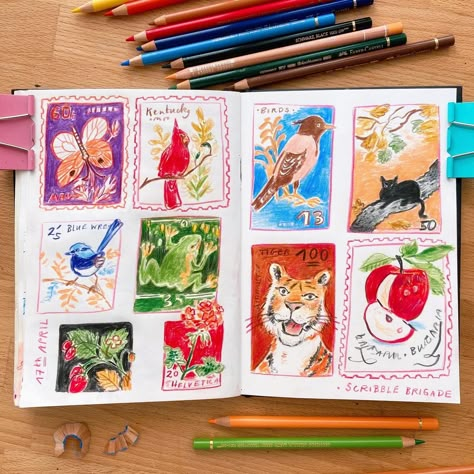 Some vintage stamp doodles from last Wednesday‘s Scribble Brigade livestream with lovely @sophiemcpike 🧡💛❤️ . The slightly unhinged tiger turned out to be my favorite 🐅 (We had 3 minutes for each or these - that’s when the most fun things happen, when you gotta be quick 😉) . Done in colored pencils ✏️ . #coloredpencils #coloredpencilart #illustrationsketch #sketchbooking #vintagestamps Color Pencil Doodles, Vintage Doodles, Illustration Sketchbook, Crayon Doodles, Colored Pencil, Colored Pencil Drawings, Colored Pencil Doodles, Digital Art Journal, Color Pencil Sketch