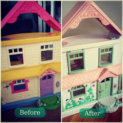 Turned to Design: Painted Plastic Doll House Dollhouse Refurbish, Fisher Price Doll House, Upcycle Toys, Fun Playroom, Dollhouse Makeover, Mini Barbie, Noah's Arc, Kids Play Furniture, Room Box Miniatures