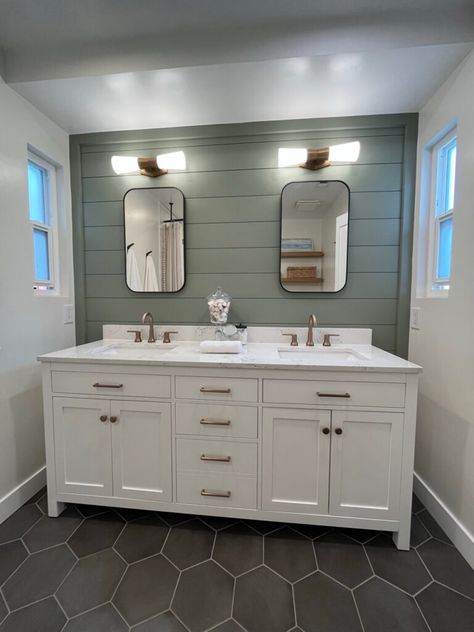 SHERWIN WILLIAMS UPWARD 6239: Color Review (2024 Color of the Year) - Kylie M Interiors Calming Bathroom Ideas, Tiled Bathroom Walls, Hexagonal Tiles Bathroom, Bathroom Hexagon Tile, Bathroom Hexagon, Hexagon Tile Bathroom, Tile Bathroom Remodel, Calming Paint Colors, Kylie M Interiors