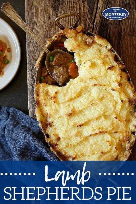 Shepherds pie gets a new twist by using lamb instead of beef.  If you're looking for something to do with lamb stew meat, this is a perfect lamb recipe to try out. #lamb #shepherdspie #dinner #mushrooms #montereymushrooms Lamb Shepherds Pie Recipe, Lamb Stew Meat, Dinner Mushrooms, Leftover Lamb Recipes, Lamb Shepherds Pie, Shepherds Pie Recipe Healthy, Shepards Pie Recipe, Lamb Pie, Shepherd Pie