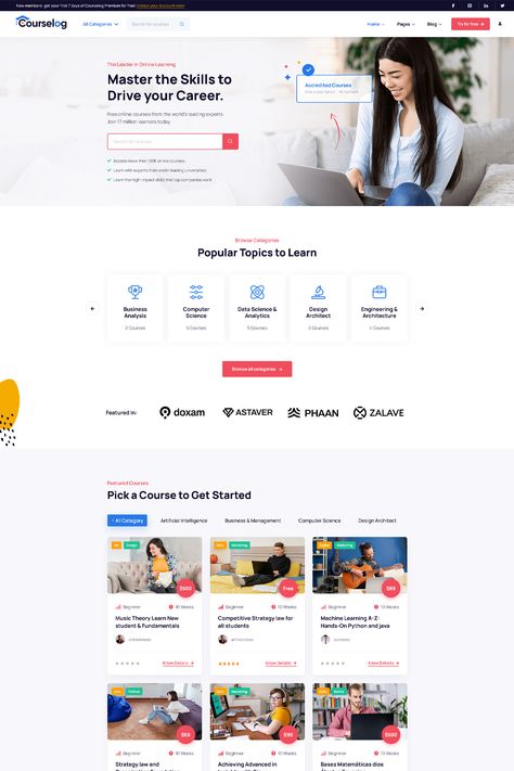 Courselog is an education WordPress theme available on ThemeForest. It is designed specifically for educational institutions, online learning platforms, training centers, and other education-related websites. Background Site, Graphic Designer Studio, Web Design Ux Ui, Web Design Course, Website Mockup, Learn Business, Ecommerce Template, Creative Careers, Designer Studio
