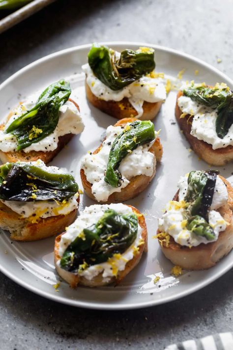 5-Ingredient Shishito Pepper and Burrata Crostini - Cooking for Keeps Burrata Crostini, Superbowl Foods, Blistered Shishito Peppers, Shishito Pepper, Super Bowl Food Healthy, Shishito Peppers, Crostini Recipes, Foods Healthy, For Keeps