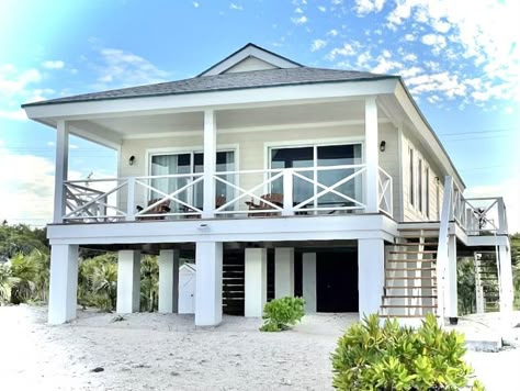 Beach House Additions, Small Beach House Exterior, 2 Story Beach House, Beach House On Pilings, Narrow Beach House, Bahamas Home, Coastal Stilt Homes, Beach Cottages Exterior, Stilt Beach House