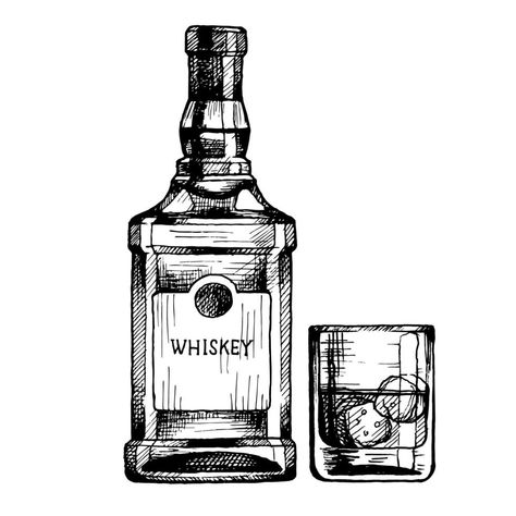 Hand drawn bottle of scotch whiskey with a glass. Vector beverage illustration, ink sketch Beverage Illustration, Bottle Tattoo, Bourbon Cocktails, Scotch Whiskey, Ink Sketch, Bourbon Whiskey, Scotch, Whiskey Bottle, Art Inspo