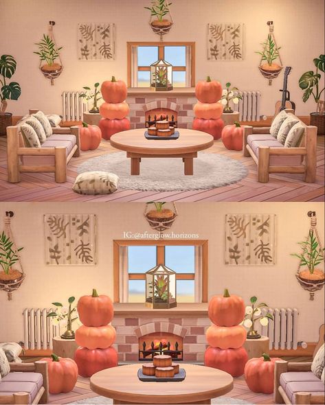 Animal Crossing Fall Interior, Acnh Fall Room Ideas, Acnh Halloween Interior, Acnh Autumn Interior, Acnh Puddles House, October Animal Crossing, Acnh Fall Home Interior, Acnh Fall Interior, Acnh Fall Living Room